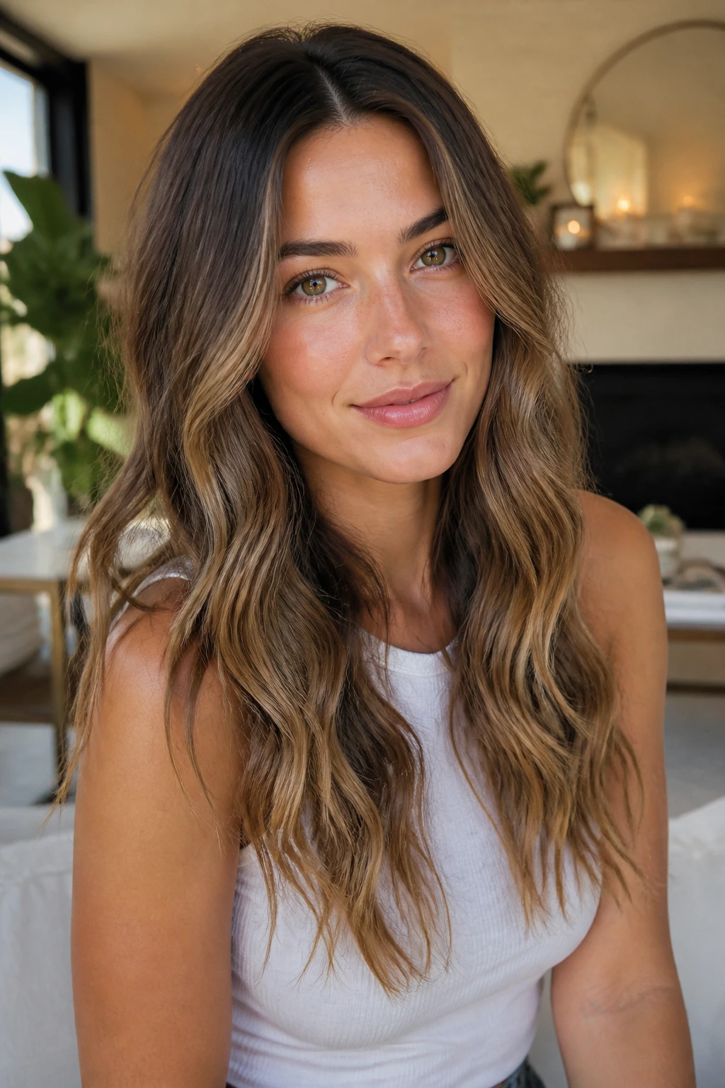 Close-up of long layered hair with soft S-waves on a real person