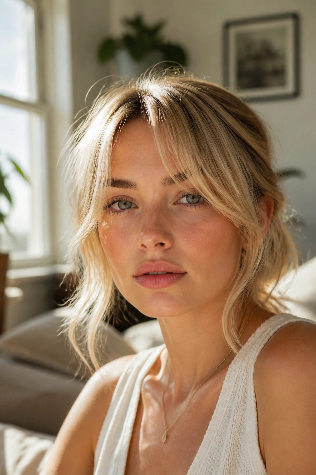 Real person with long, light curtain bangs in soft natural light