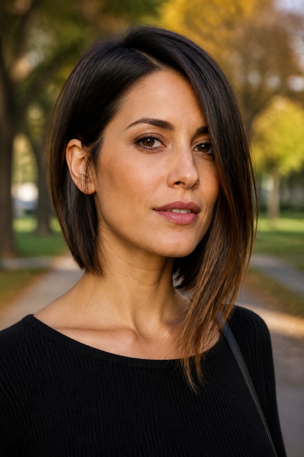 Close-up of real woman with long asymmetrical lob showing collarbone-length on one side