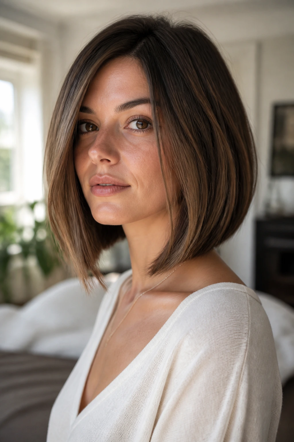 Portrait of a woman with a long lob shaped to frame the jawline.