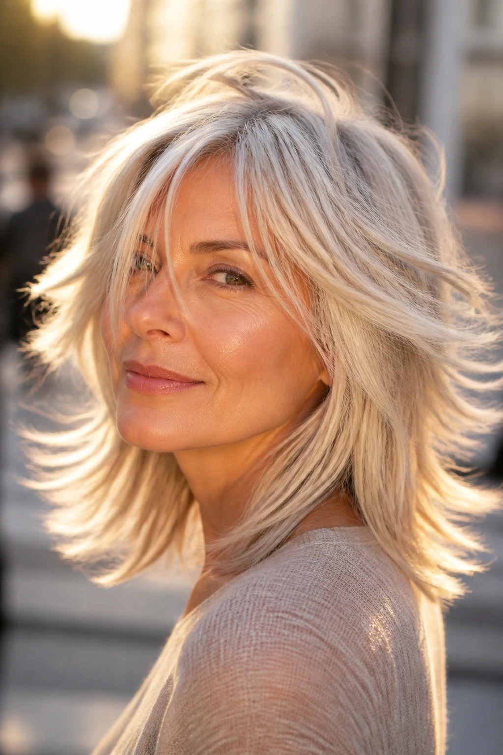 Close-up portrait of real woman with long lob wolf cut and heavy movement in platinum.