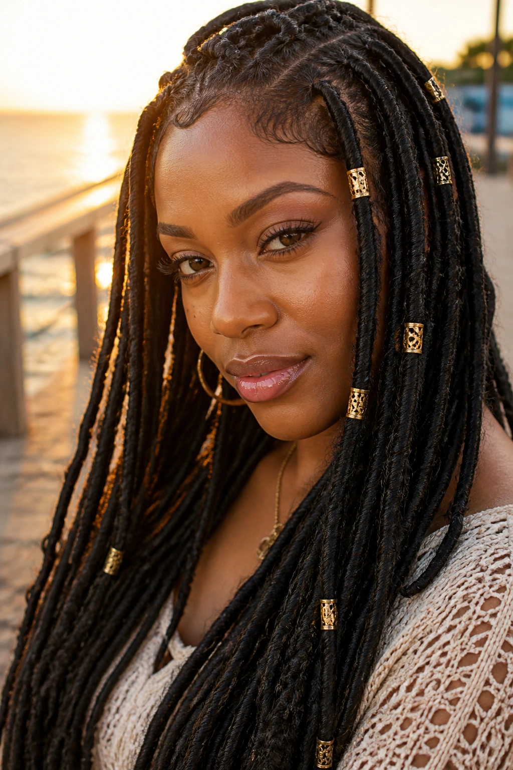 Close-up of long goddess locs with gold cuffs framing the face
