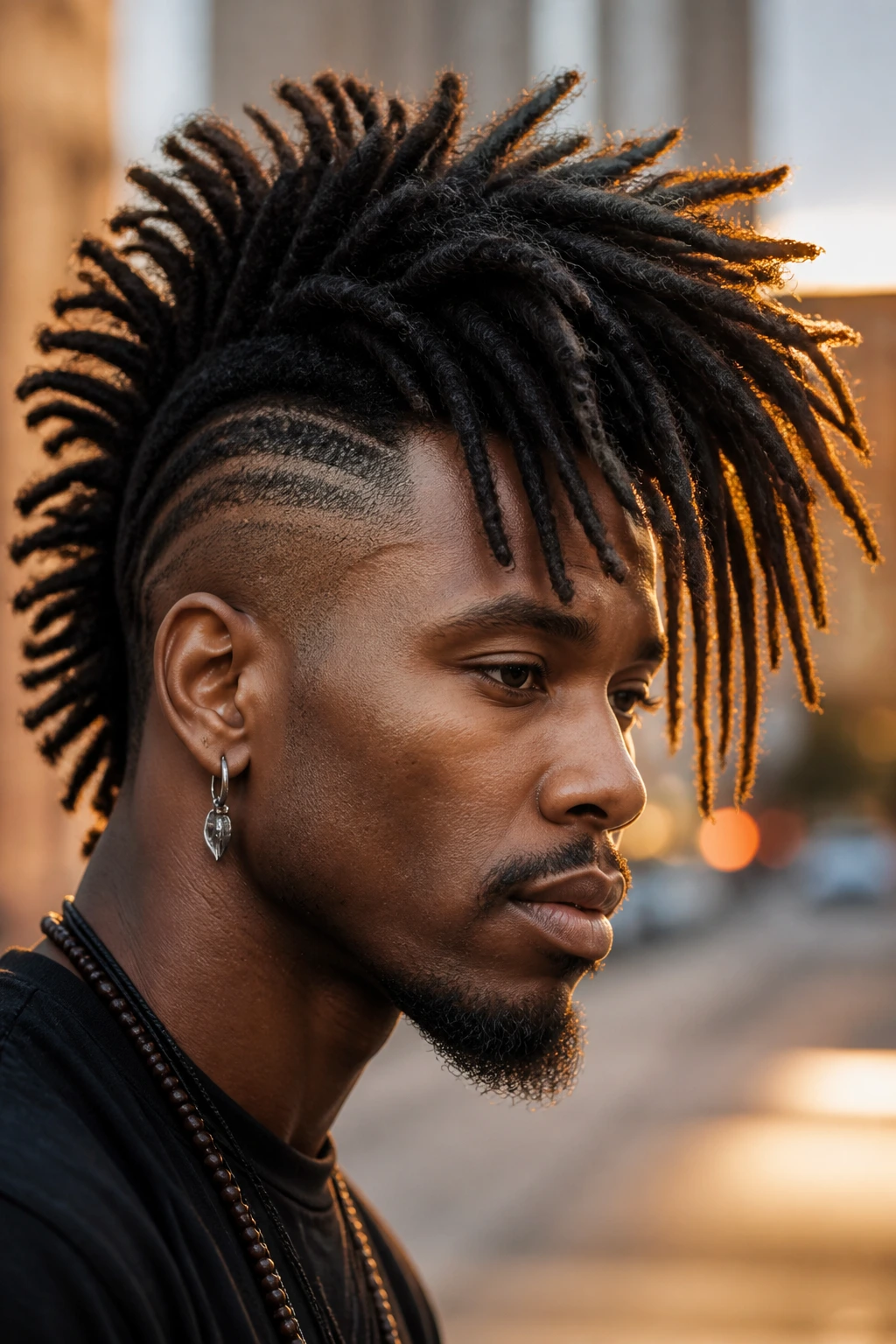 Close-up portrait of a real person with a long dreadlock mohawk in golden hour light