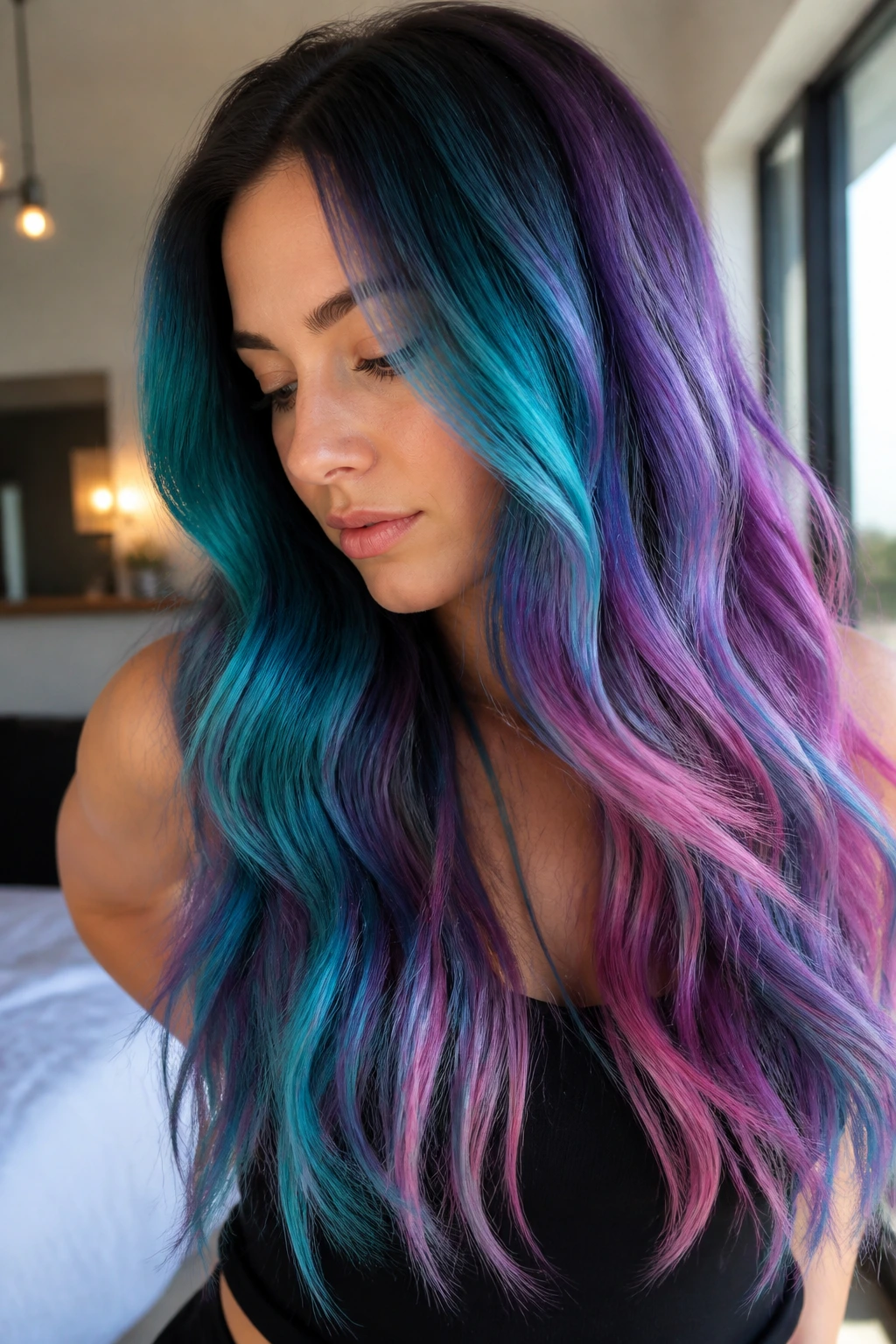 Close-up of a real woman with long mermaid hair showing depth and movement