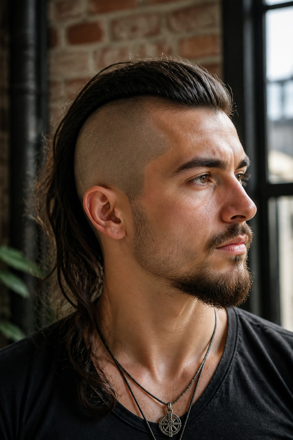 Close-up of real person with central long mohawk strip