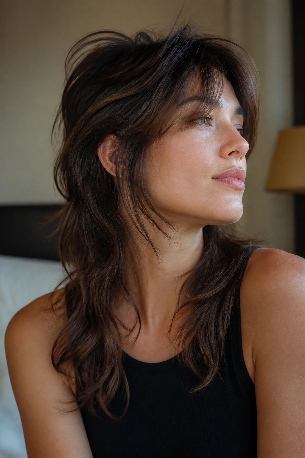 Portrait of a person with long mullet and floating layers