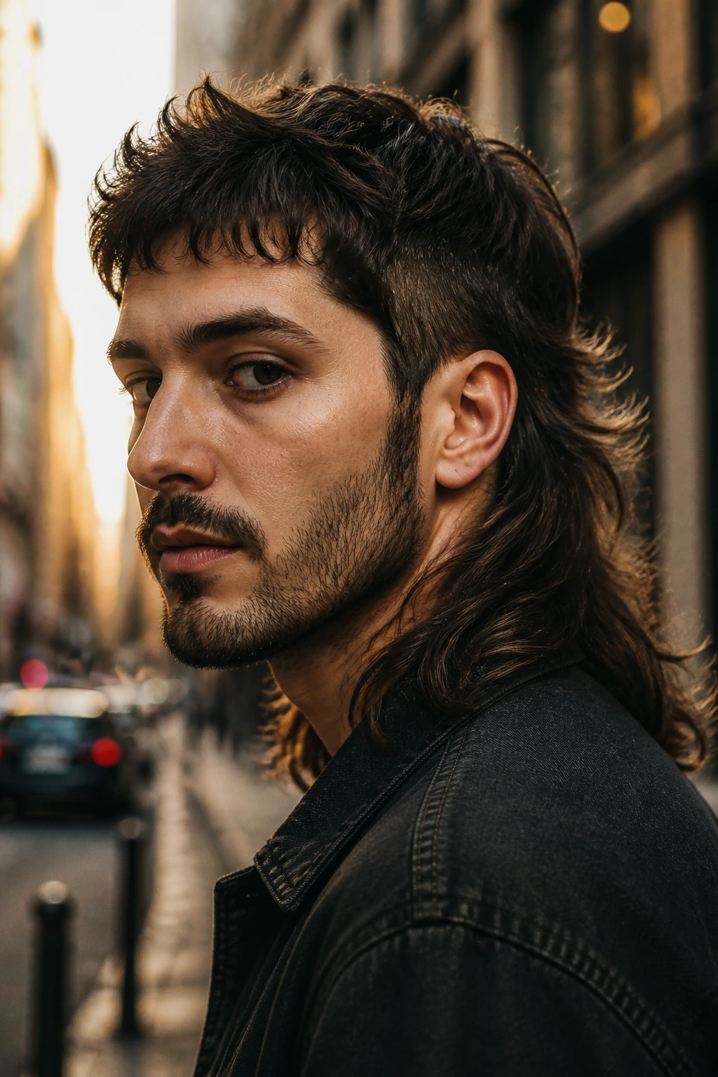 Man with long mullet hairstyle on city sidewalk at golden hour