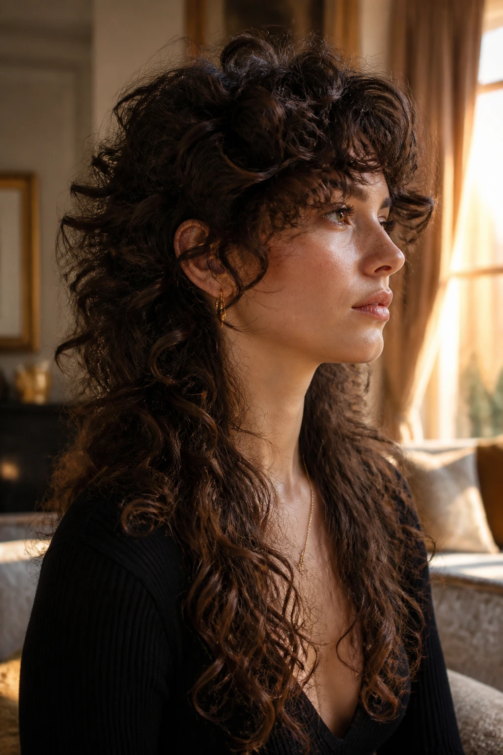 Portrait of a person with long luxe curly mullet and deep layers in warm light