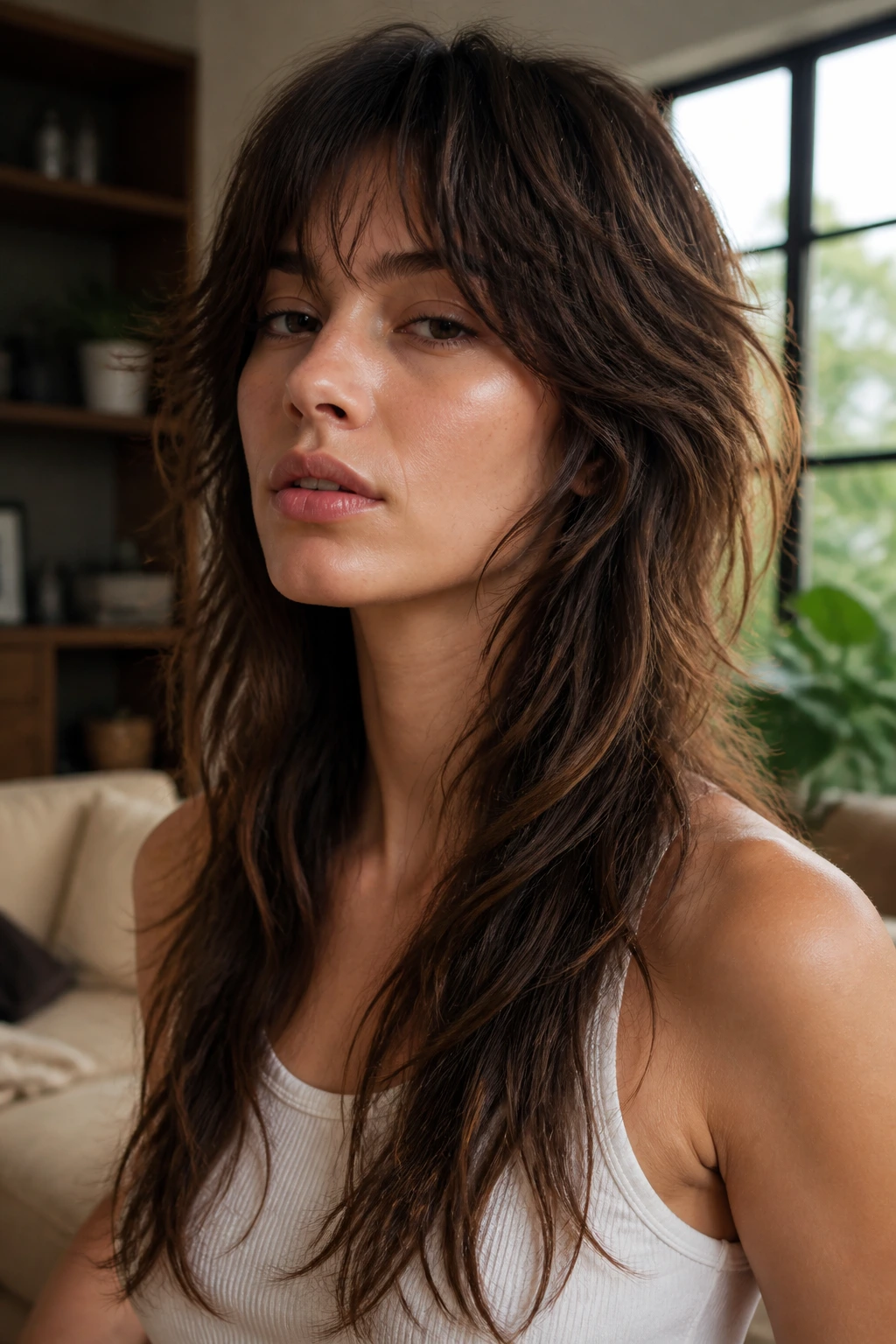 Close-up portrait of a real woman with long shaggy mullet and layered crown in natural light