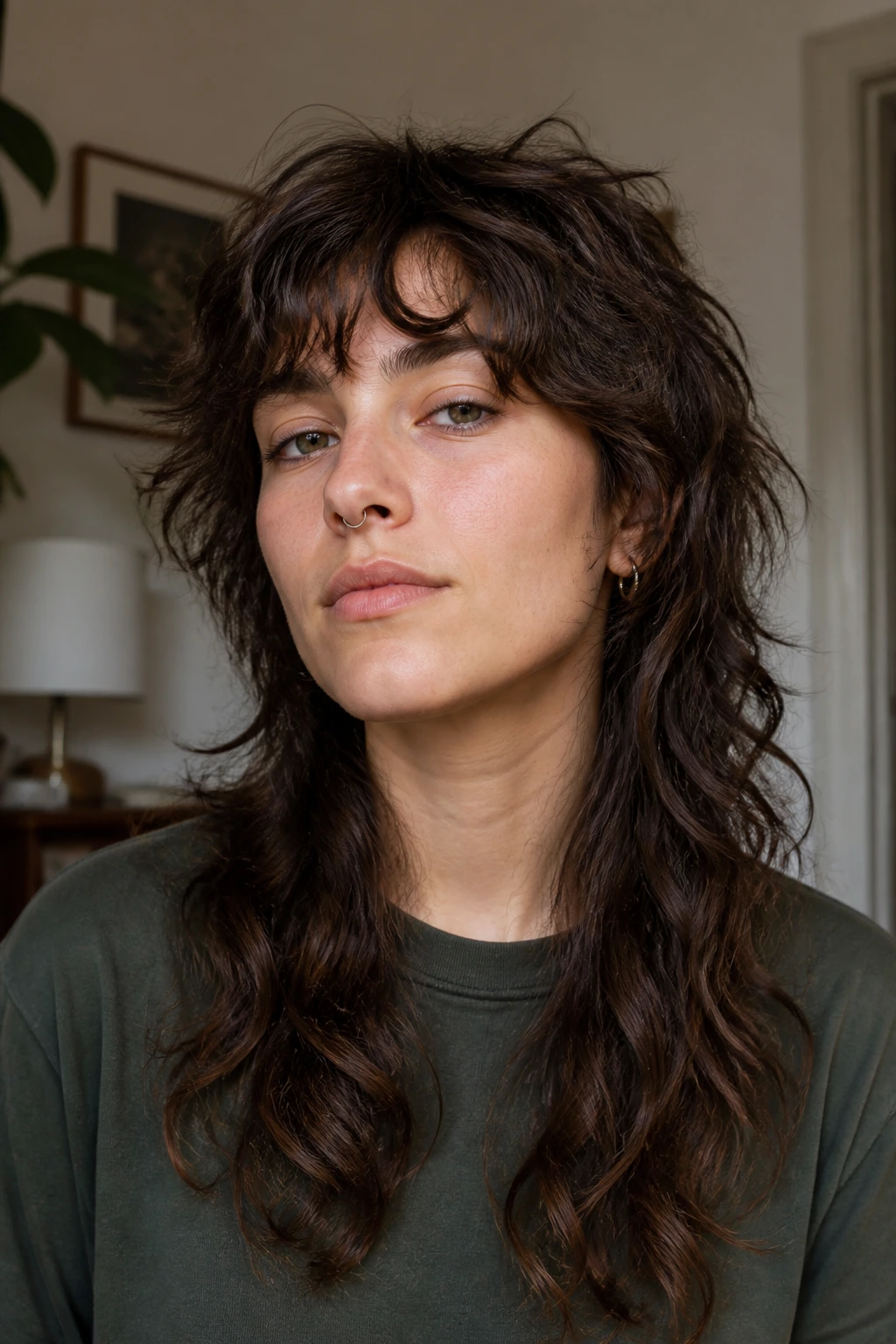 Close-up portrait of a real woman with a long mullet on wavy hair in a sunlit living room