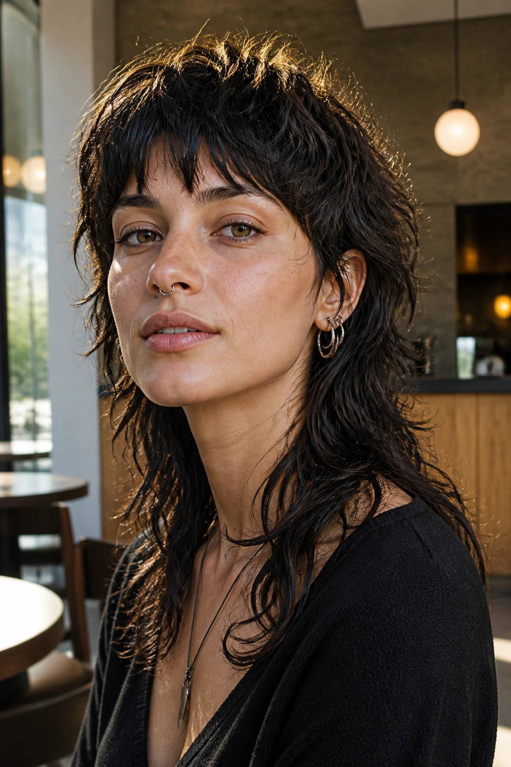 Portrait of a real person with a long mullet-lean wolf hairstyle in a cafe setting.