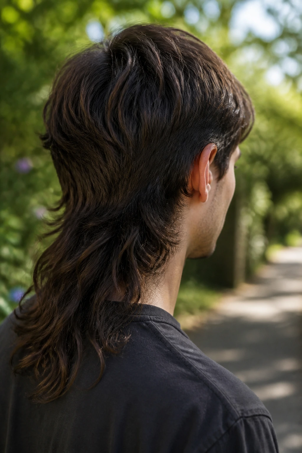 Back-of-head view of a real person with a long nape mullet in a sunlit garden