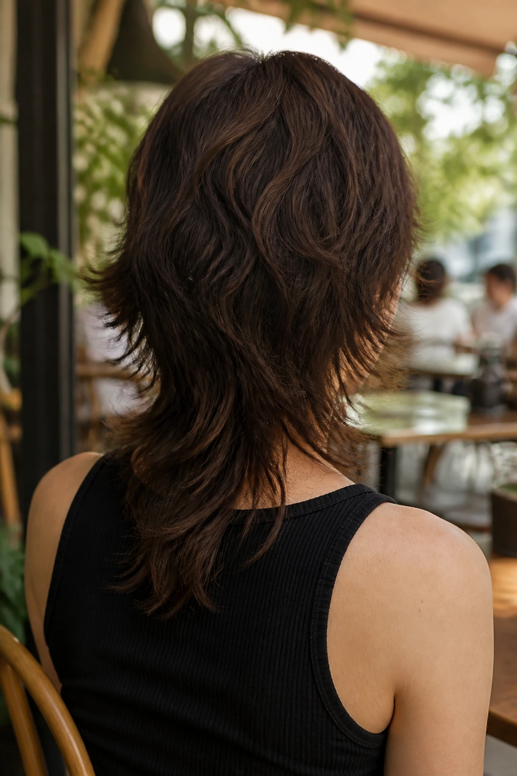 Back-of-head portrait highlighting a long nape shag with extended nape hair and subtle waves