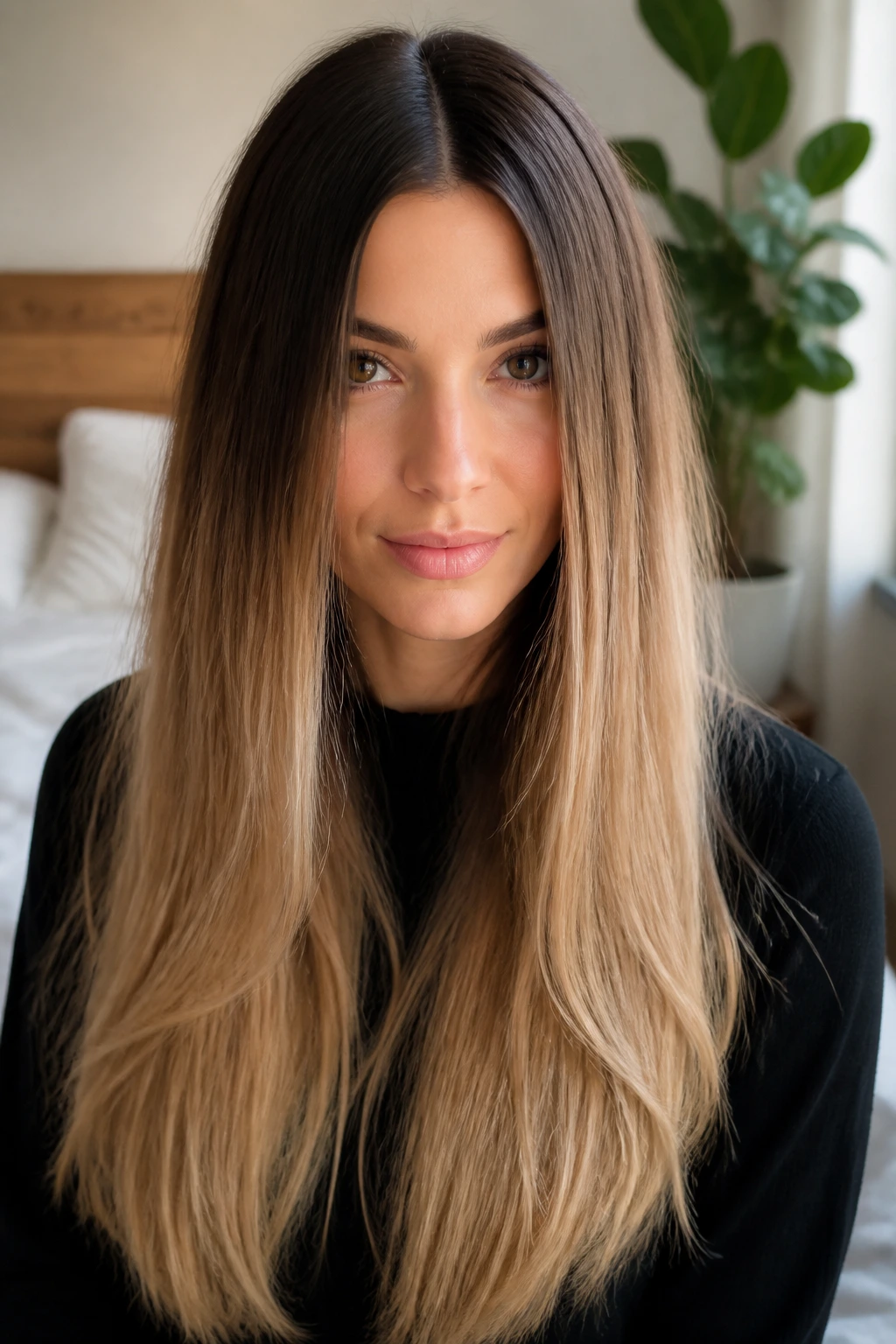 Close-up of long brunette-to-caramel ombre hair on a real person in natural light