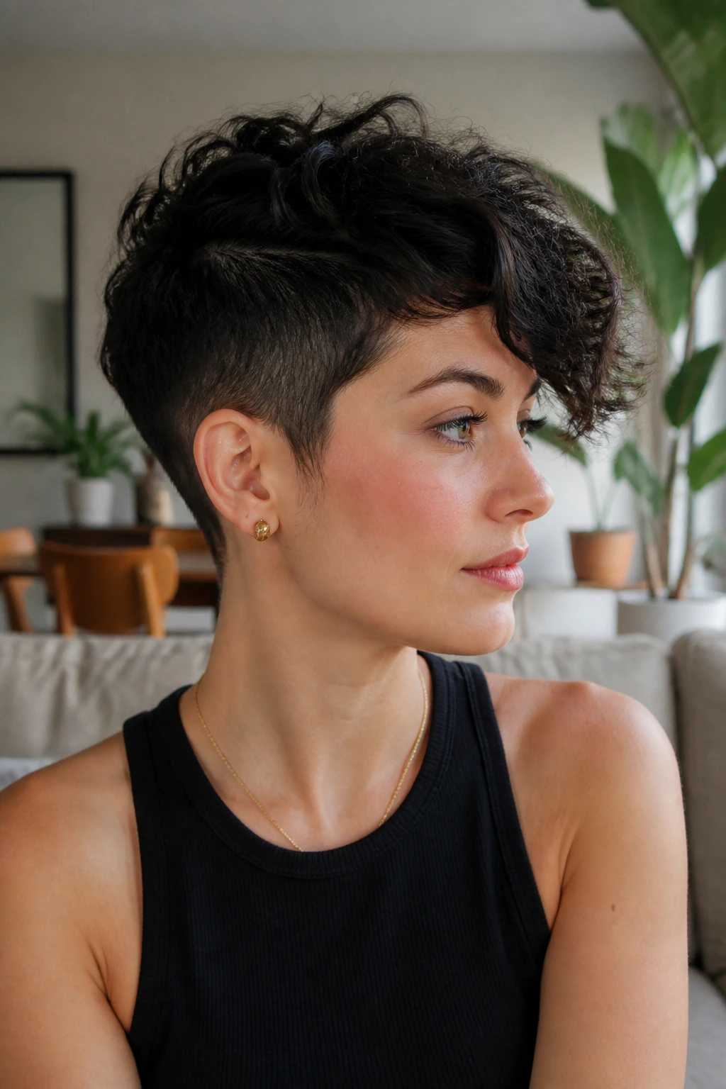 Portrait of a real woman with a long-on-top pixie, top length visible over short sides.