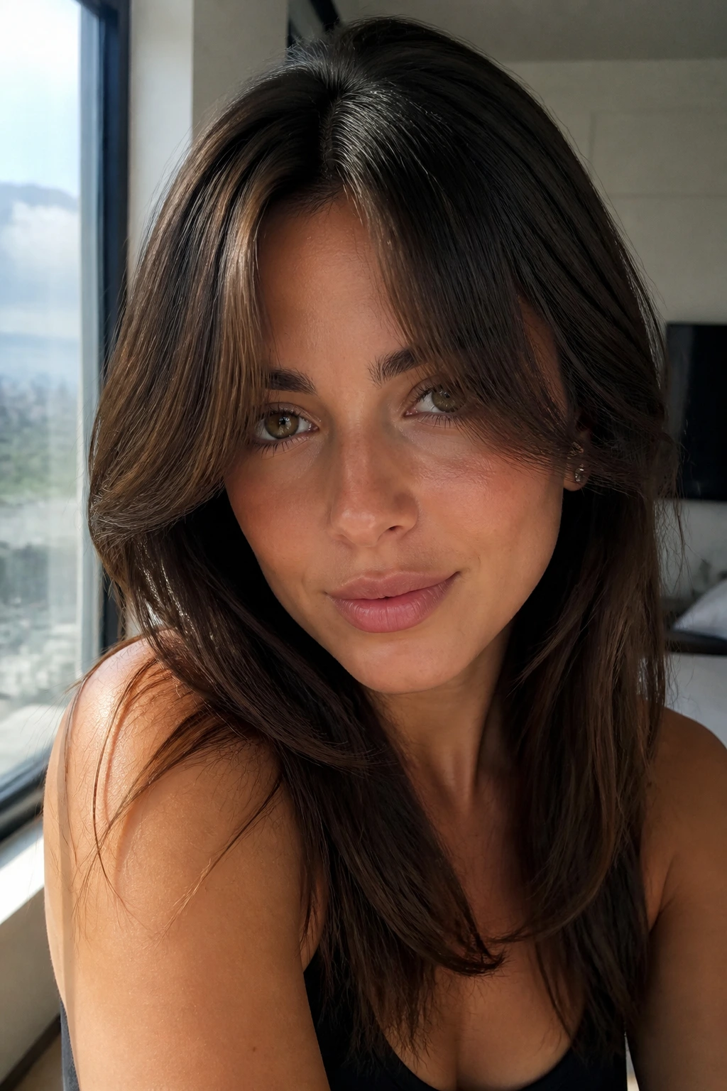 Close-up portrait showing long oval-split curtain bangs with open frame.