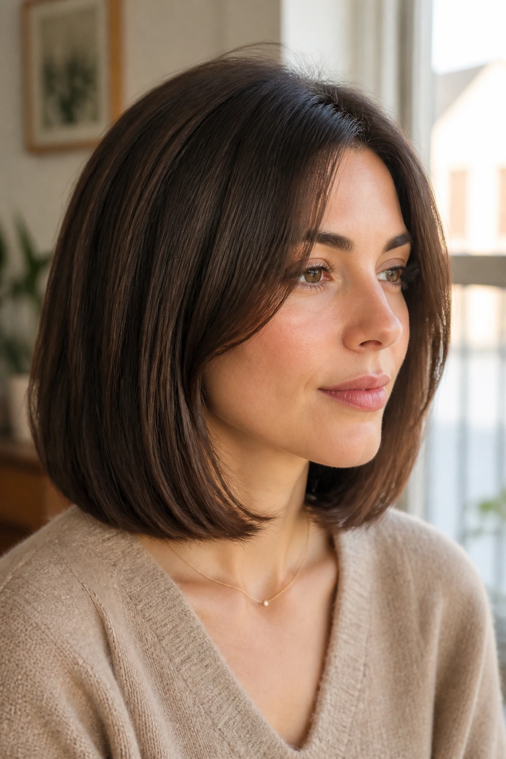 Close-up portrait of a real person with a shoulder-skimming long pageboy hairstyle