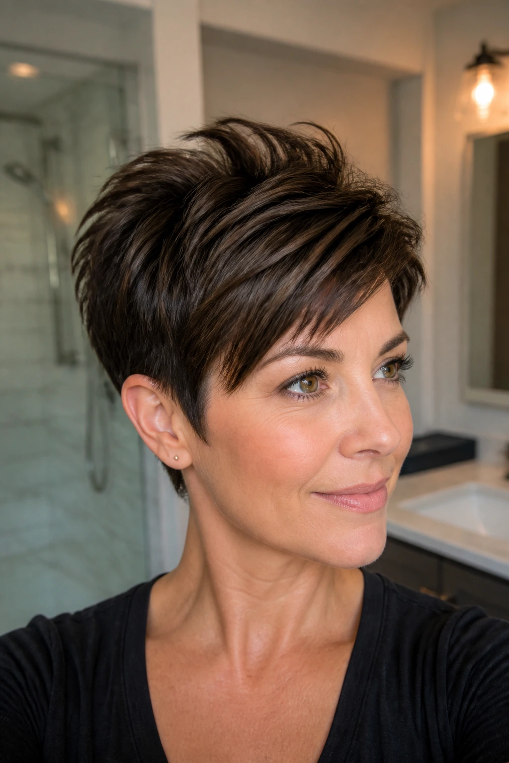 Close-up of a real person with crown-layered long pixie on thick hair