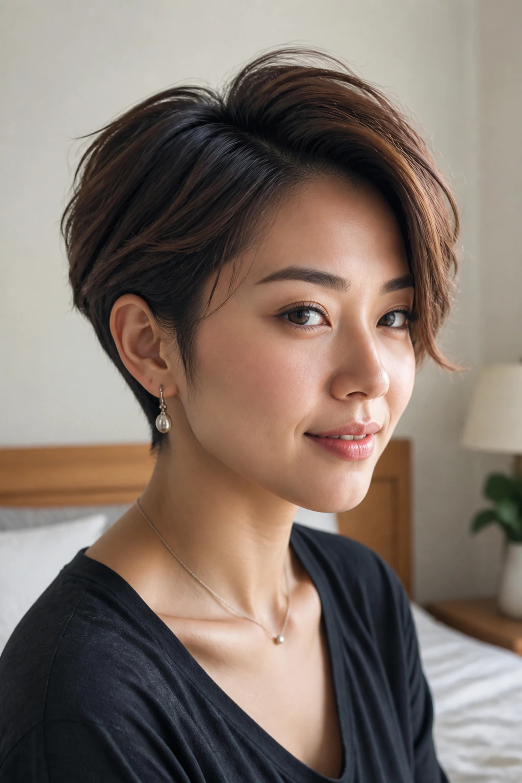 Close-up of a woman with a long pixie and crown lift in a bright bedroom
