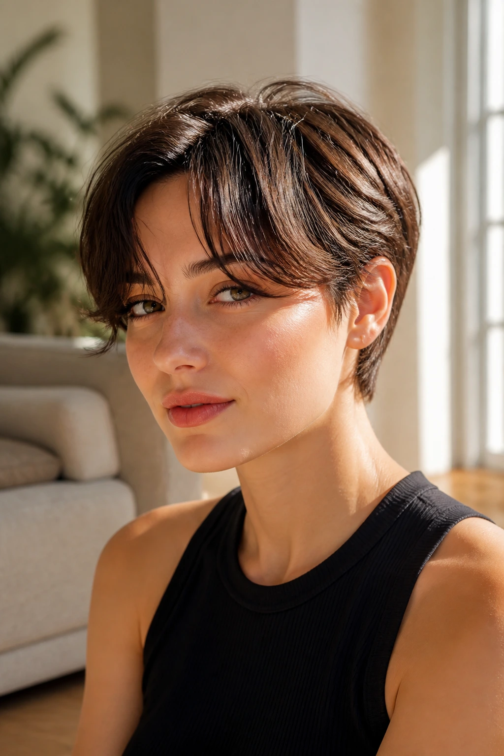 Real woman with long pixie and curtain bangs in a sunlit living room