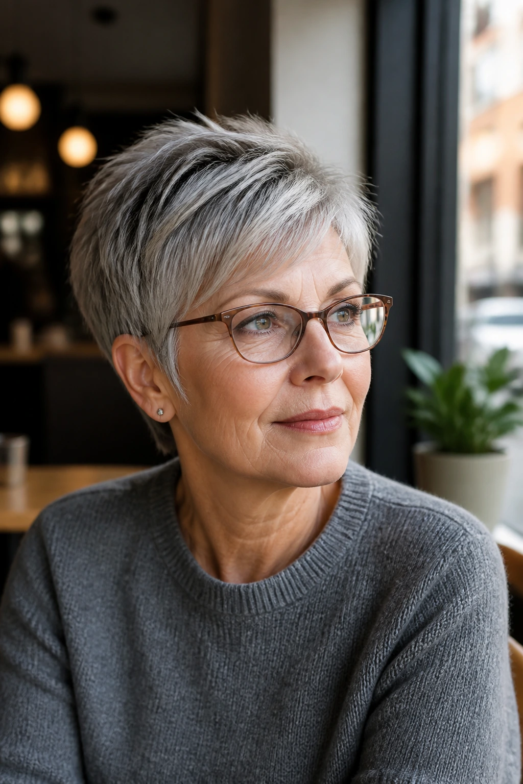 Close-up portrait of a real woman with long pixie ear-hugging sides