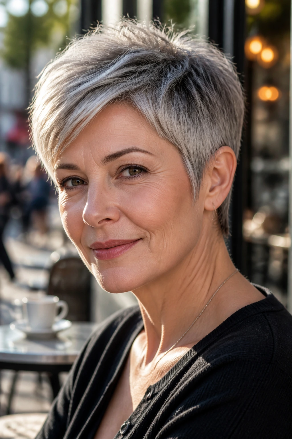 Close-up portrait of a woman with a long pixie and ear-length sides