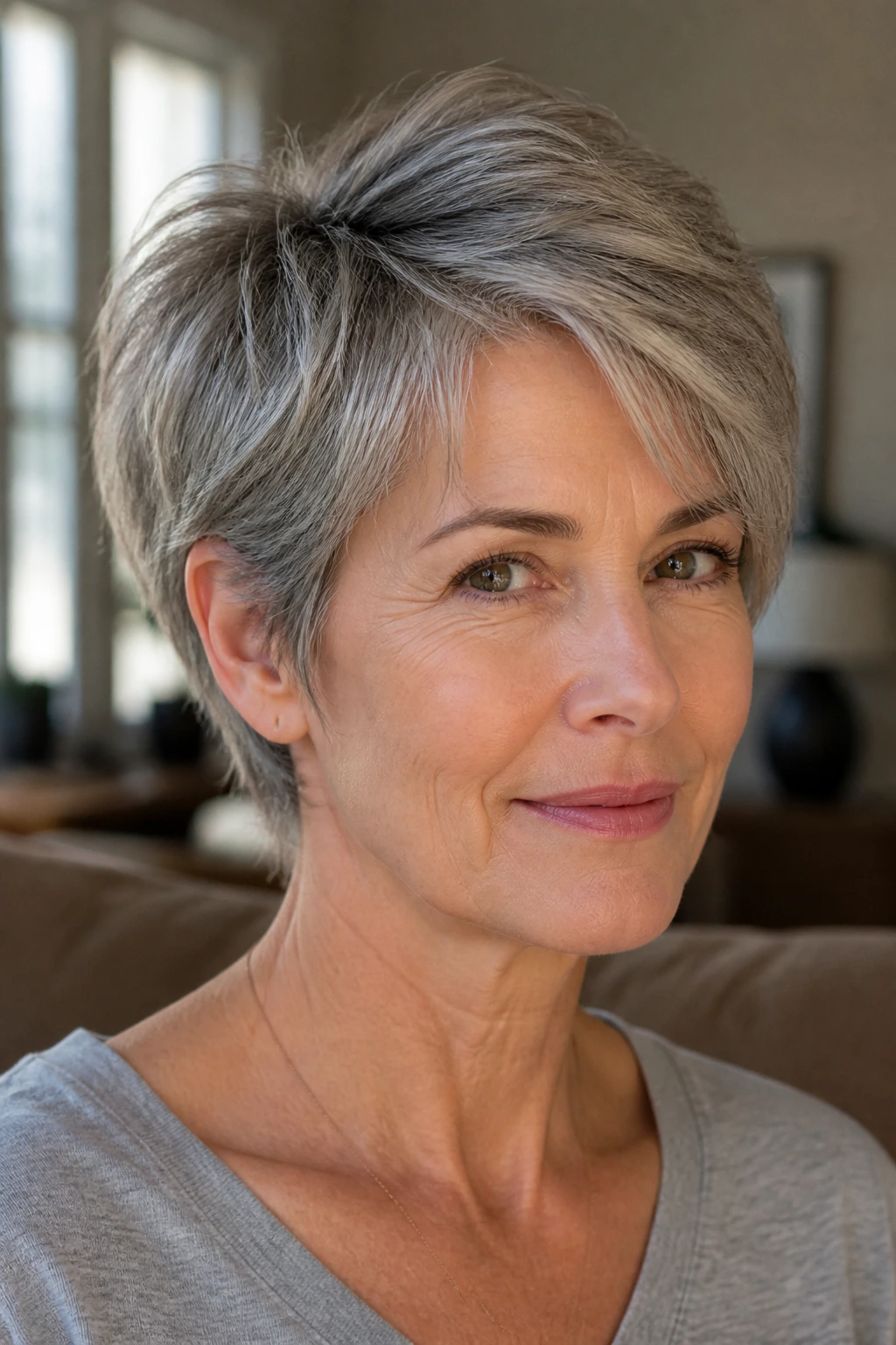 Portrait of a woman with long pixie ear-skimming layers.