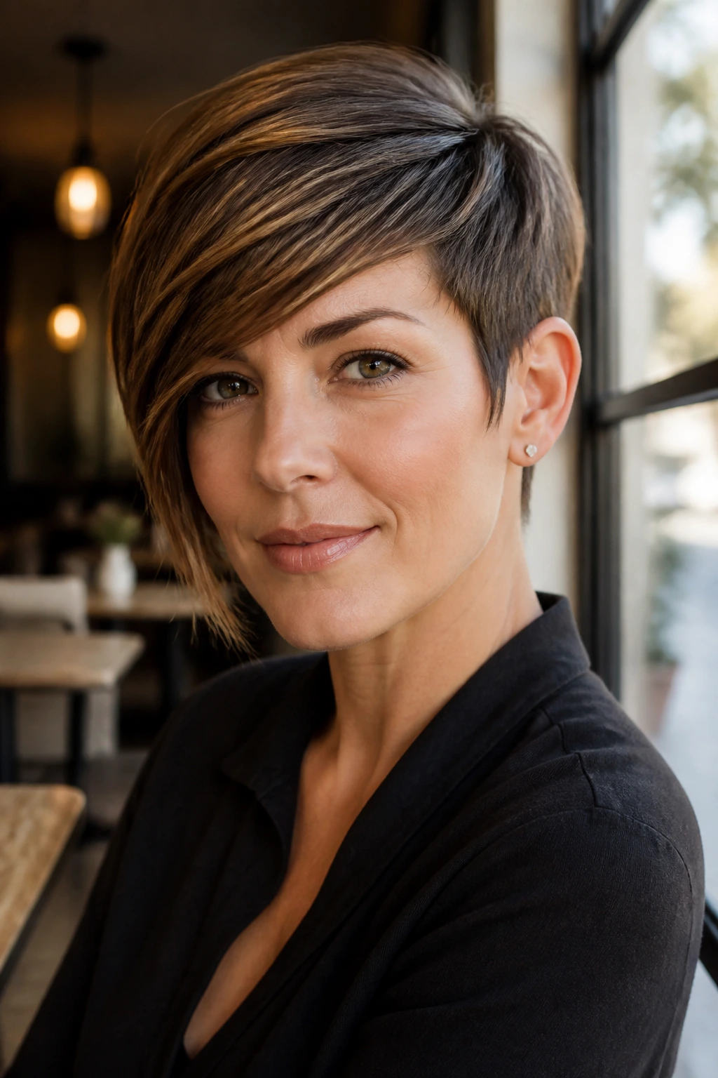 Close-up portrait of a real woman with long pixie and side-swept fringe in daylight.