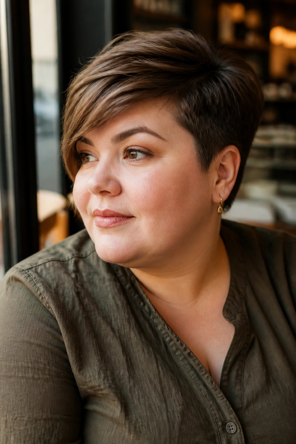 Portrait of a real woman with a long pixie and side-swept fringe by a cafe window