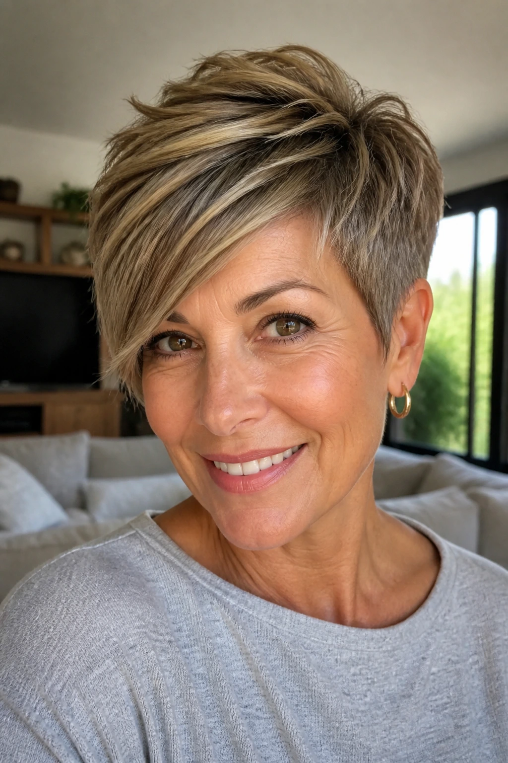 Real woman with long pixie haircut and side-swept fringe.