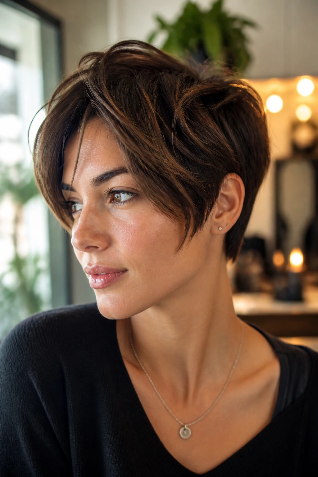 Portrait of woman with long pixie hairstyle framing her face