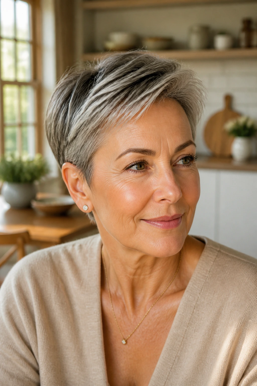 Close-up portrait of a real woman with a long pixie hairstyle tucked behind ears