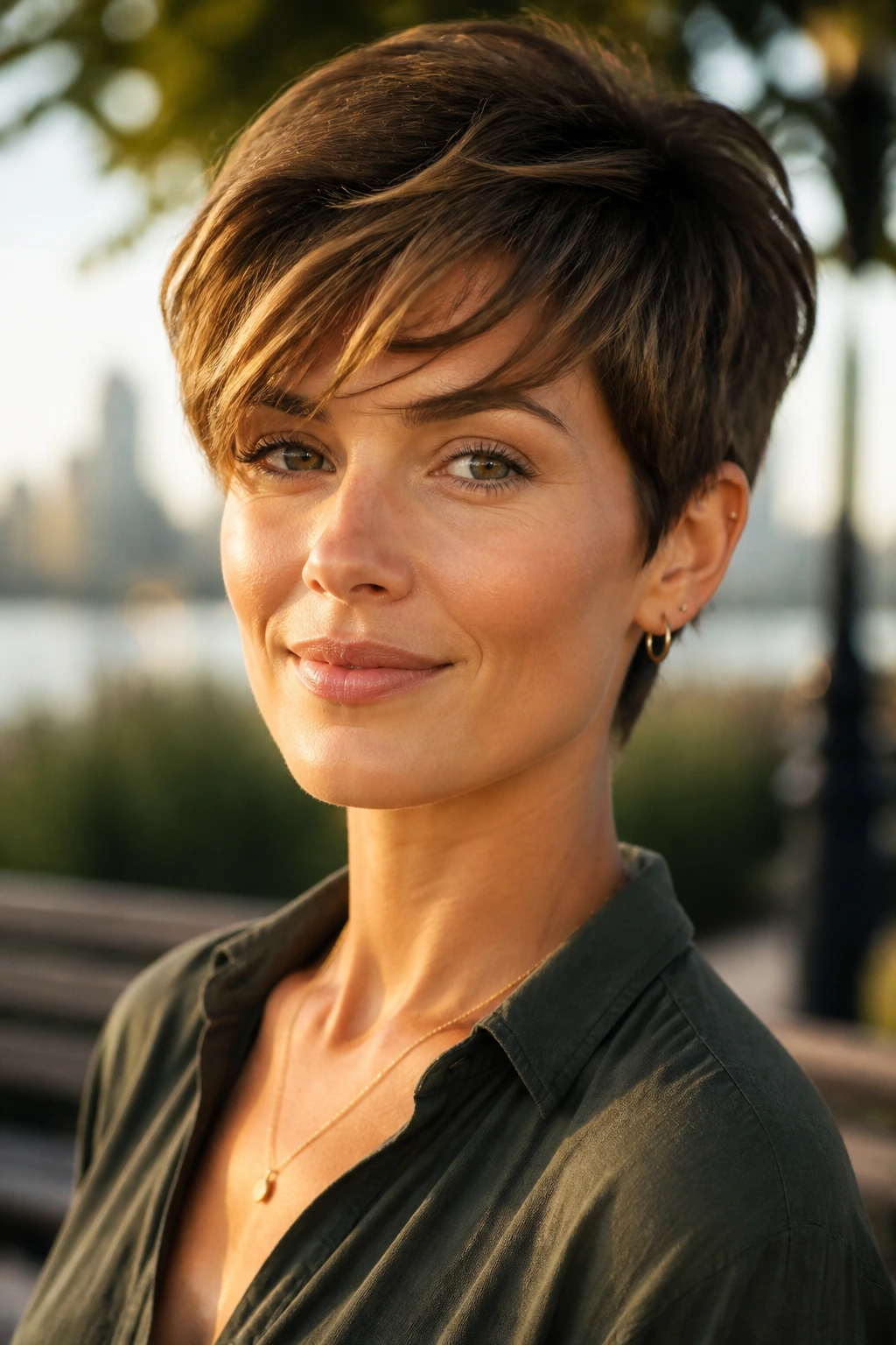 Close-up portrait of a real woman with a long pixie hairstyle