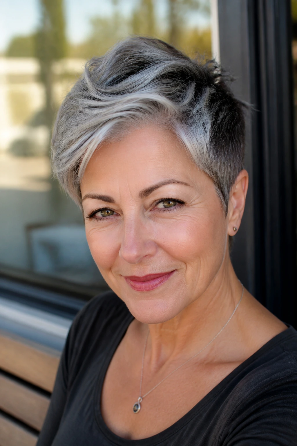 Close-up of a real woman with long pixie showing salt-and-pepper contrast in bright outdoor light