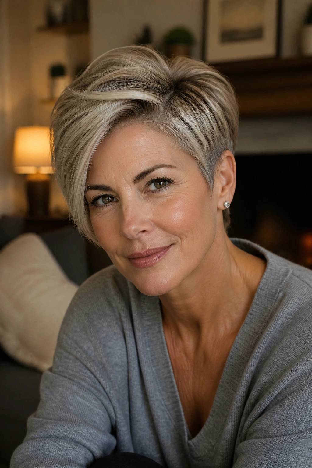 Real woman with long pixie and side-swept top in a cozy room