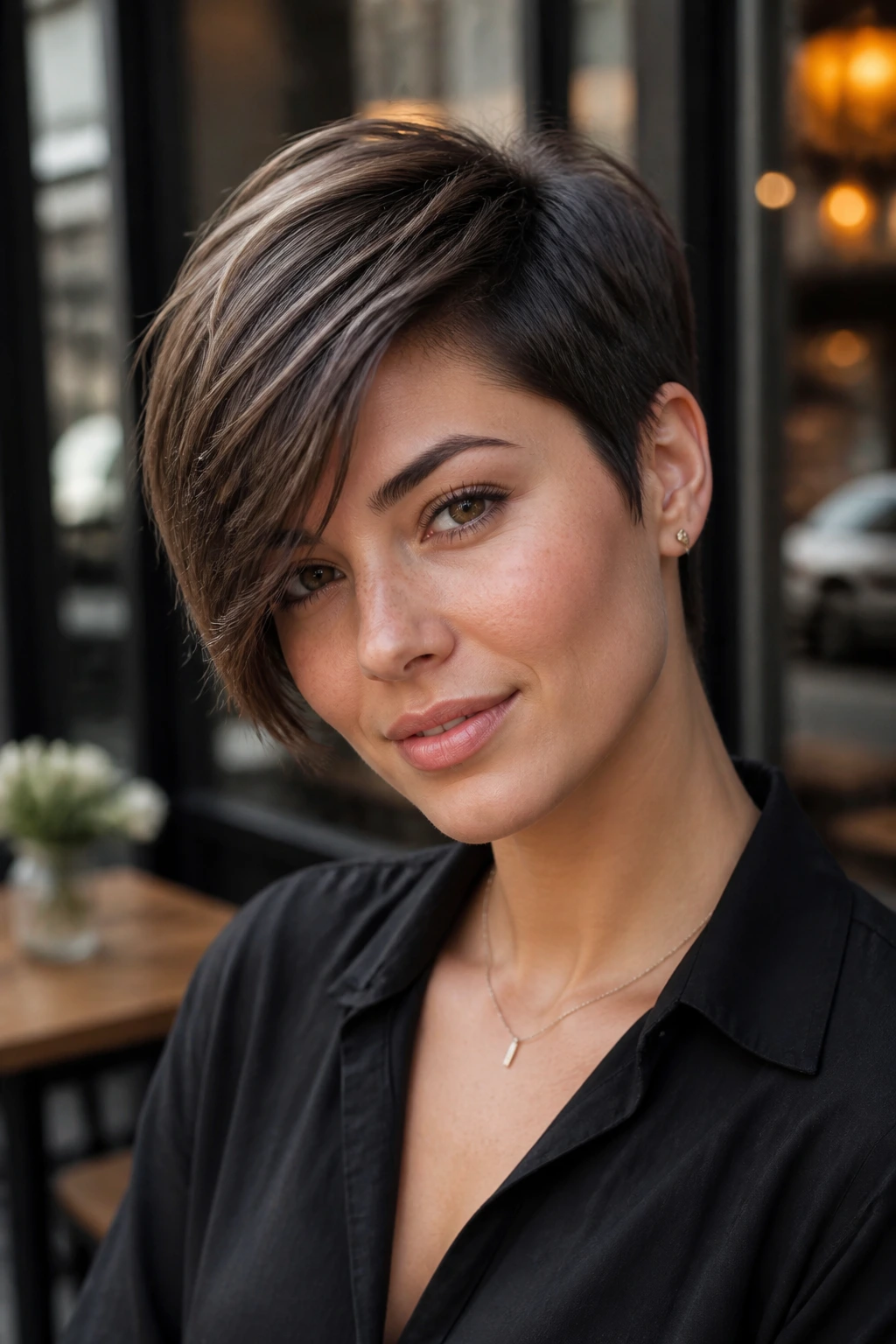 Close-up of a woman with a long pixie and side sweep in a sunlit urban cafe