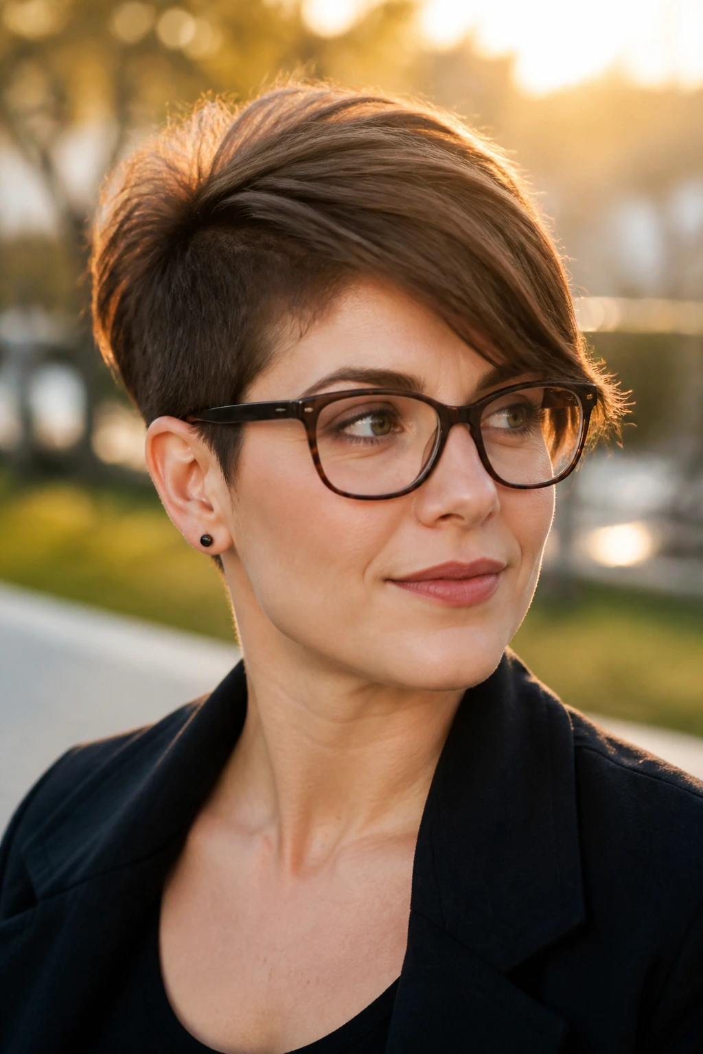 Real woman with long pixie and side-swept fringe