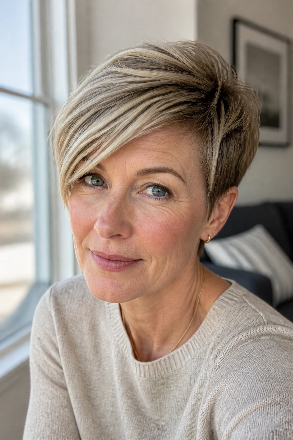 Portrait of a woman with long pixie and side-swept bangs in bright window light