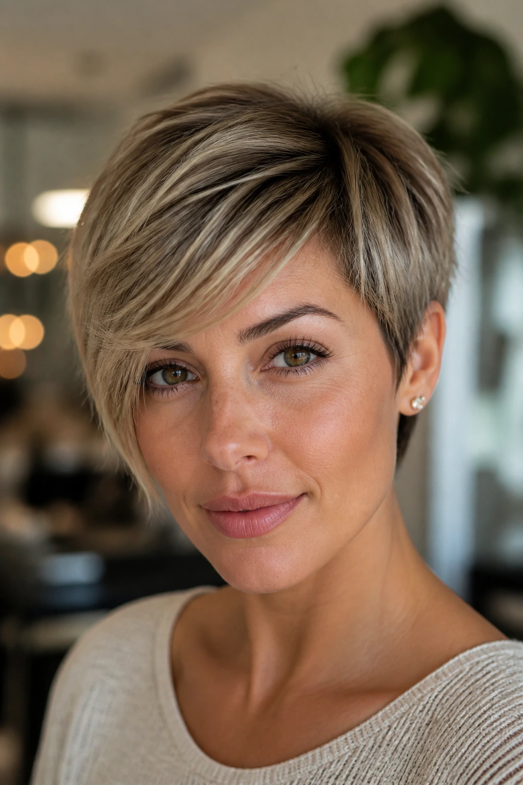 Close-up portrait of a real woman with a long pixie and side-swept fringe, crown lift.