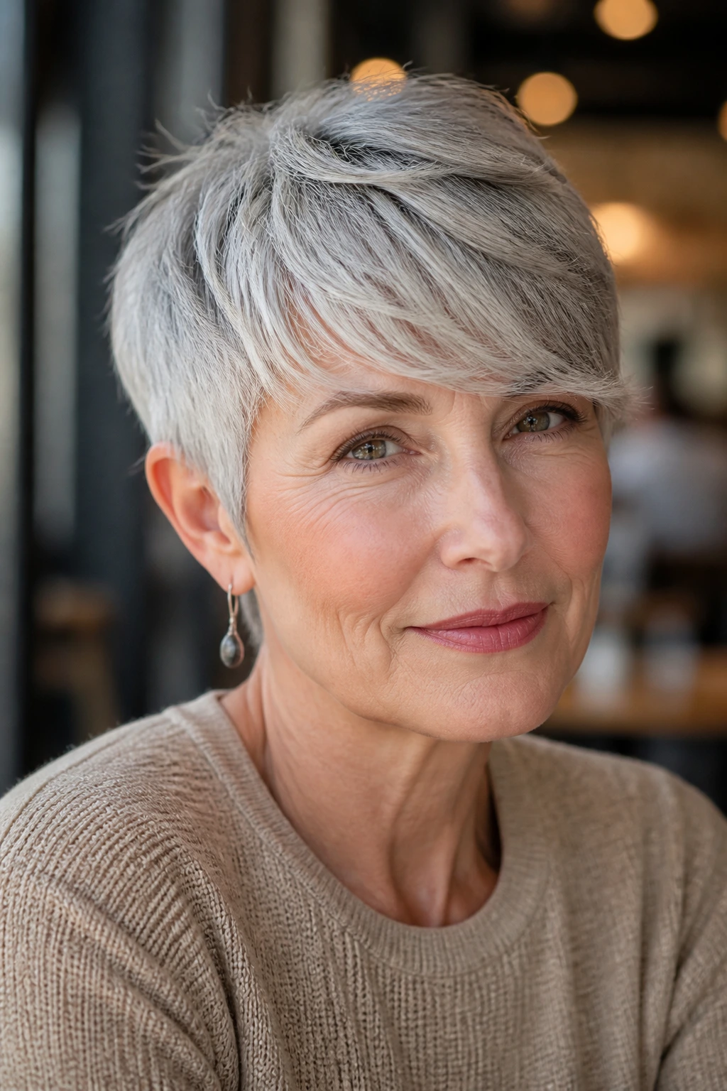 Close-up of an older woman with a long pixie and side-swept fringe in a cafe setting