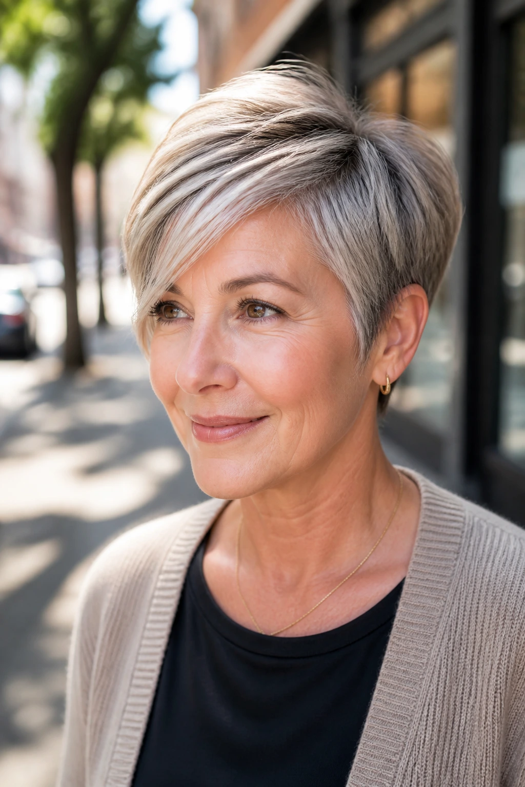 Close-up of a real woman with a long pixie and swept fringe in daylight on a city sidewalk