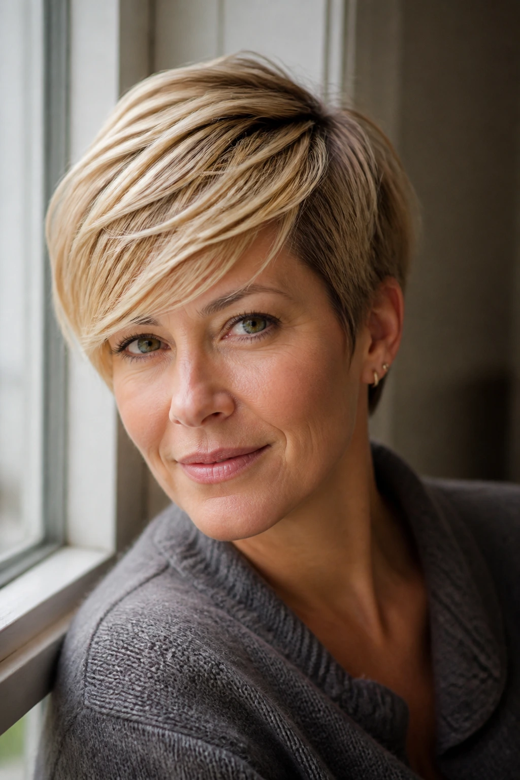 Close-up of a real person with a long pixie and swept fringe