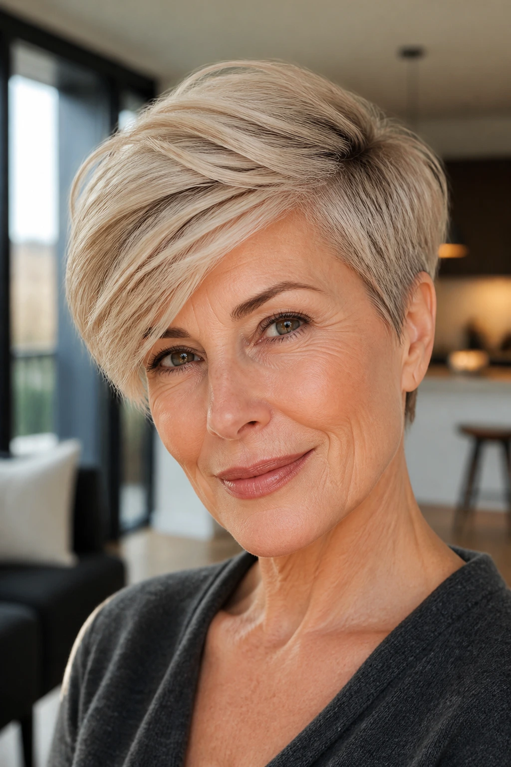 Close-up portrait of a real woman with long pixie and swept-over top