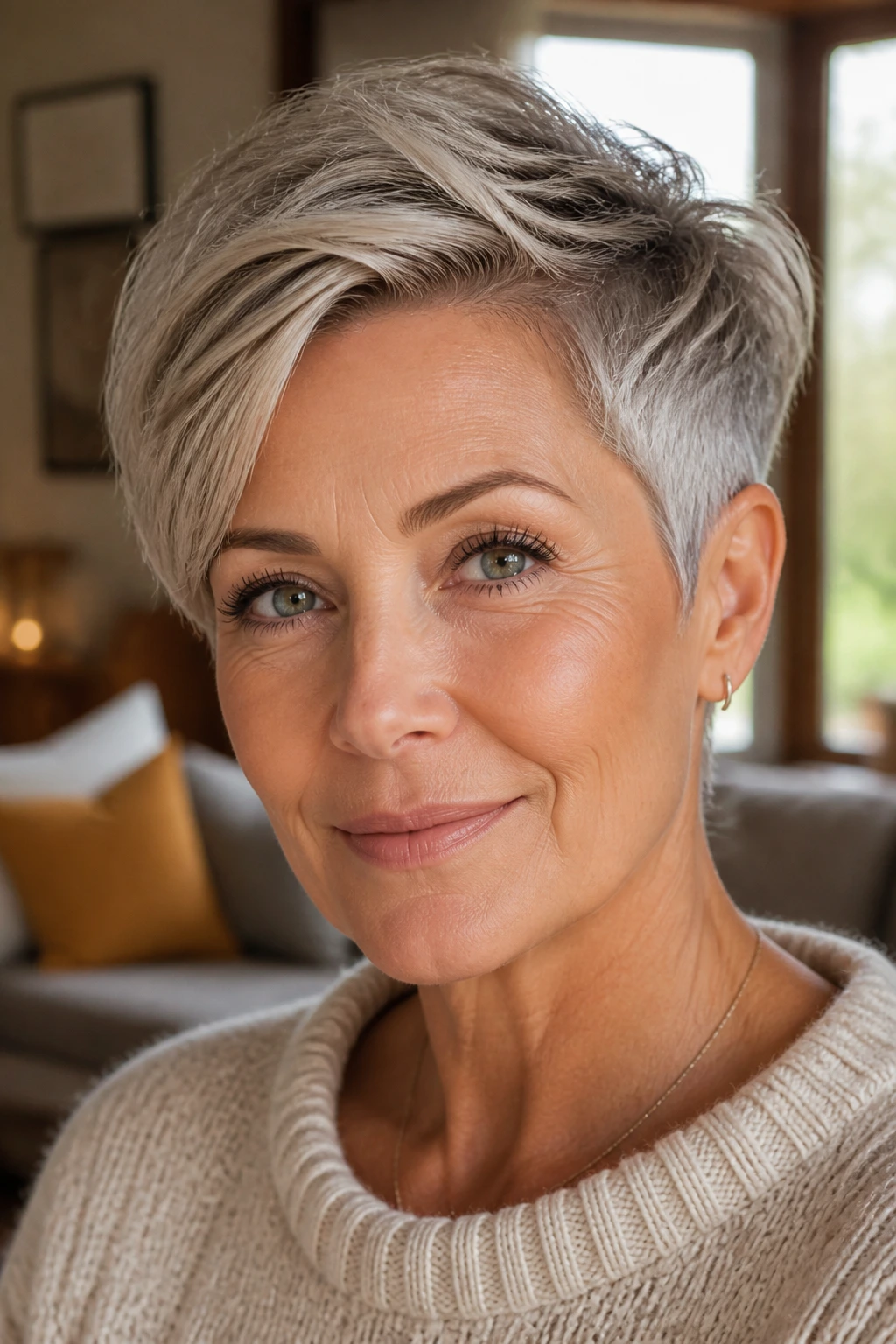Close-up of a real woman with Long Pixie with Swept Top in a cozy living room