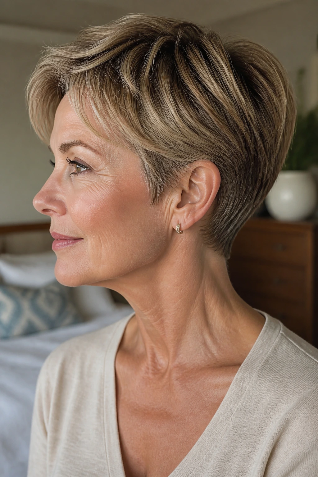 Portrait of a woman with a long pixie and tapered nape, top length for movement.