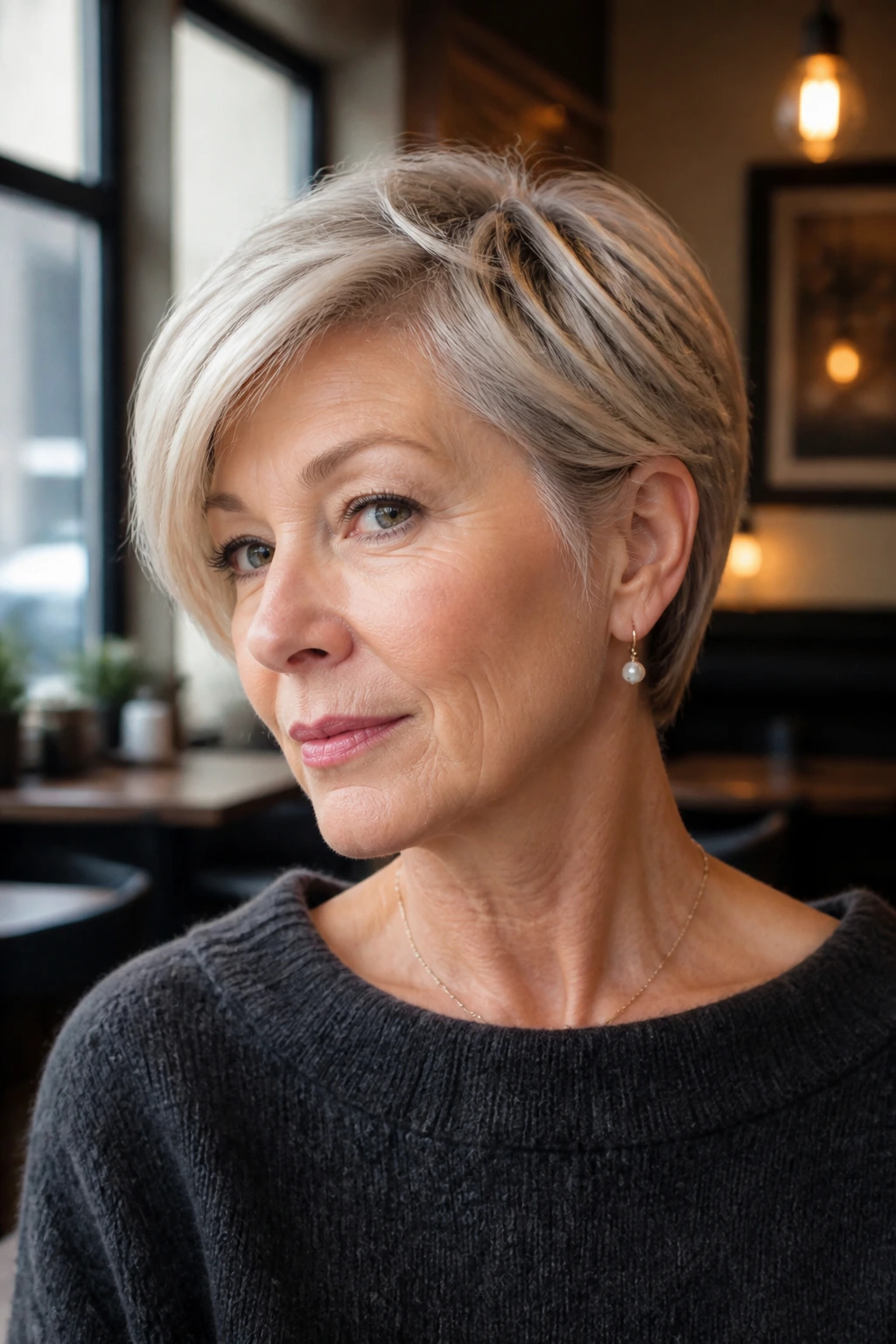 Close-up of a real woman with a long pixie cut and tucked-behind-ear layers.