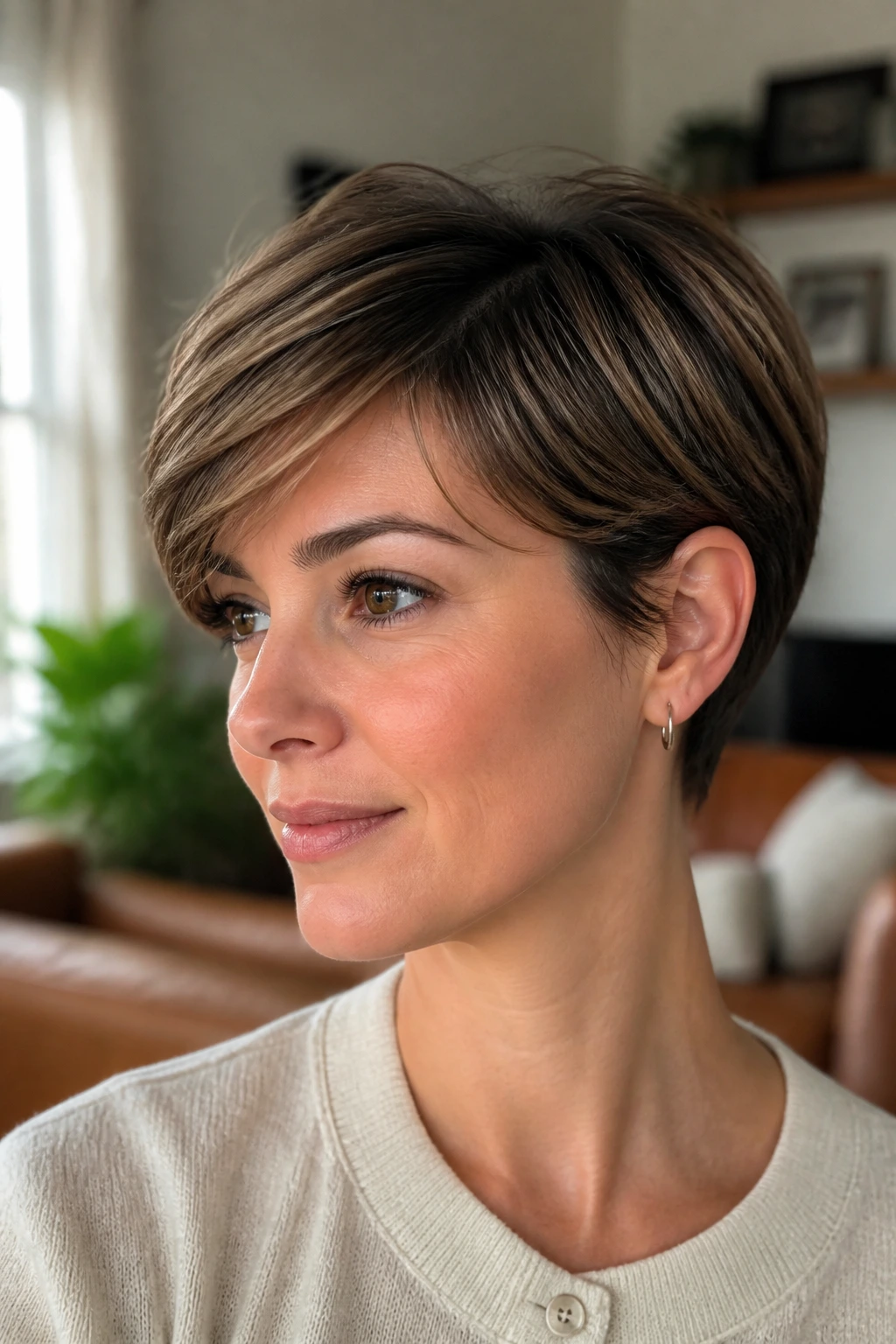 Close-up of a real woman with a long pixie haircut with tucked sides, wearing an earring in a cozy room.