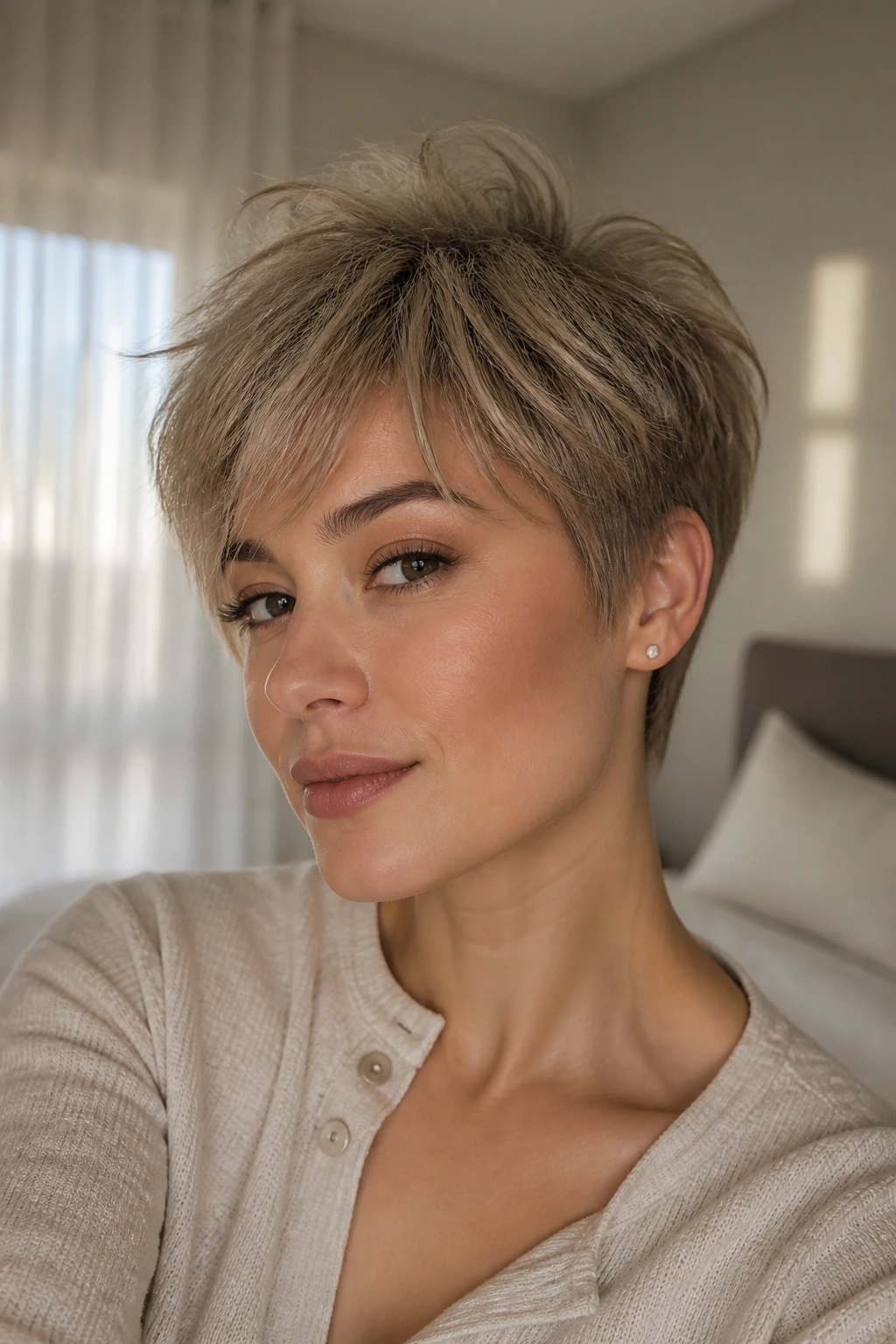 Real woman with long pixie and wispy top in bright natural light.