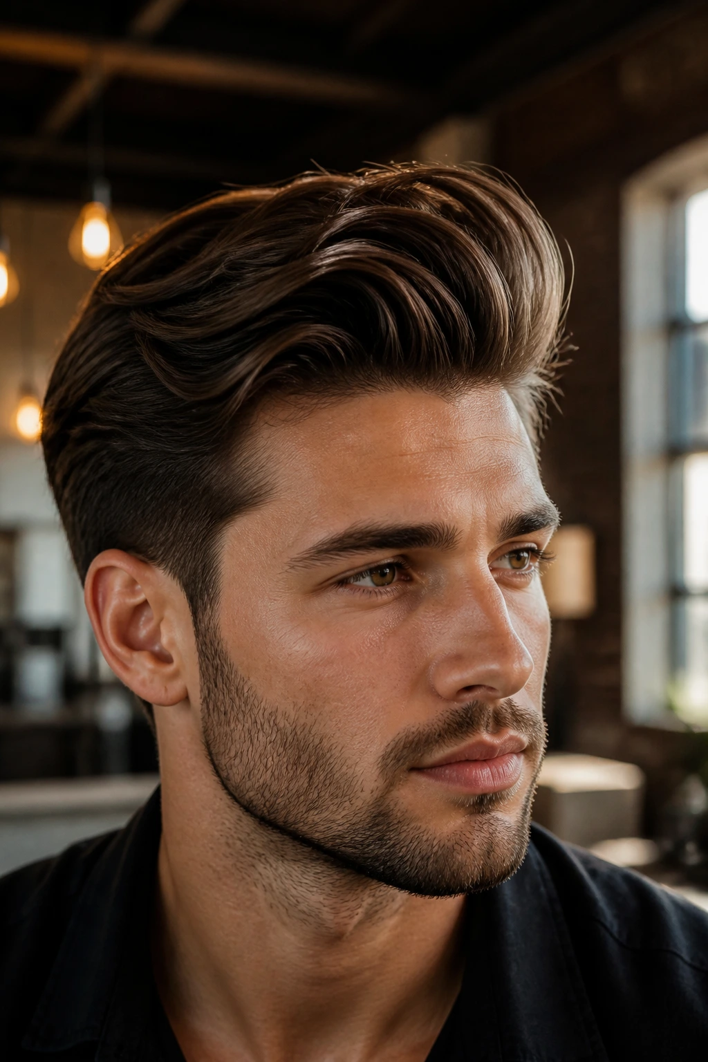Close-up of man with long quiff swept height