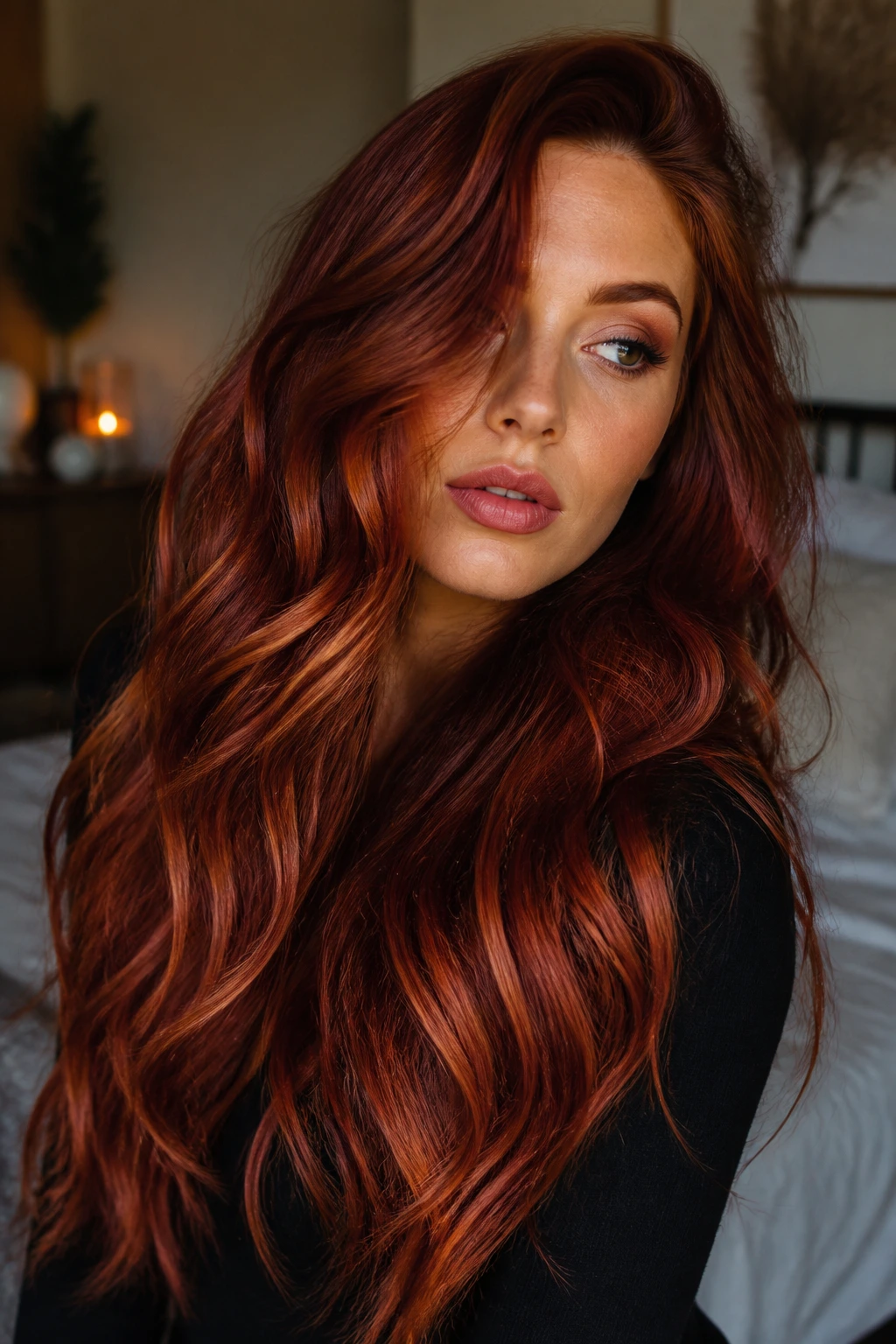 Close-up of a real woman with long red hair in copper to merlot tones